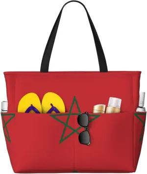 Flag of Morocco Print 28L Beach Tote Bag, Water-resistant Travel Tote, Lightweight Gym & Camping Carryall
