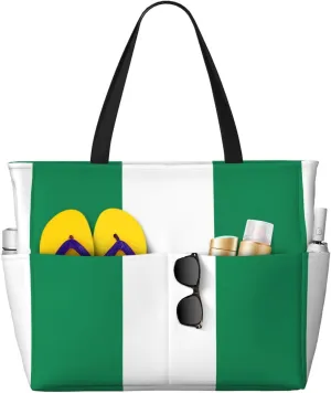 Flag of Nigeria Print 28L Large Beach Tote Bag, 7 Pockets Waterproof Travel Shoulder Bag, Gym Oversized Tote