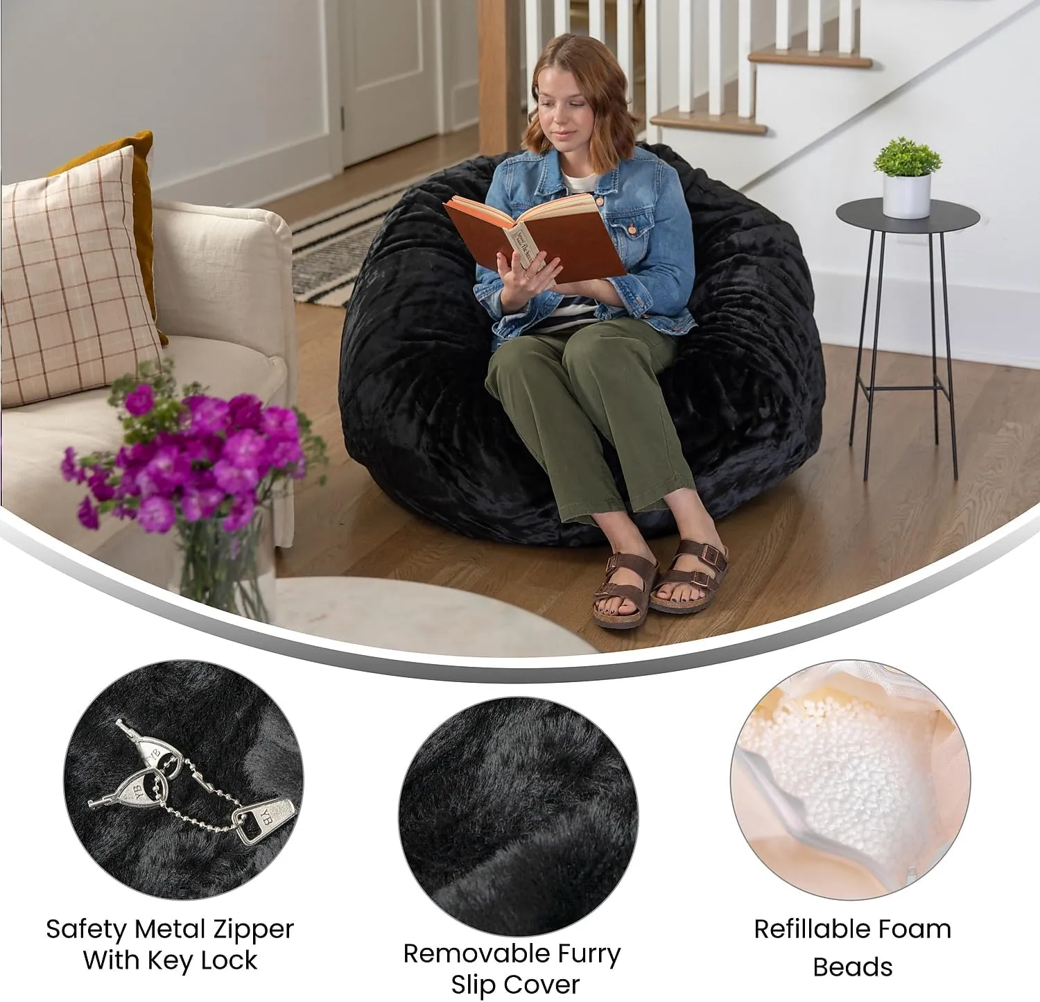 Flash Furniture Oversized Bean Bag Chair for Kids and Adults, Set of 1, Black Furry