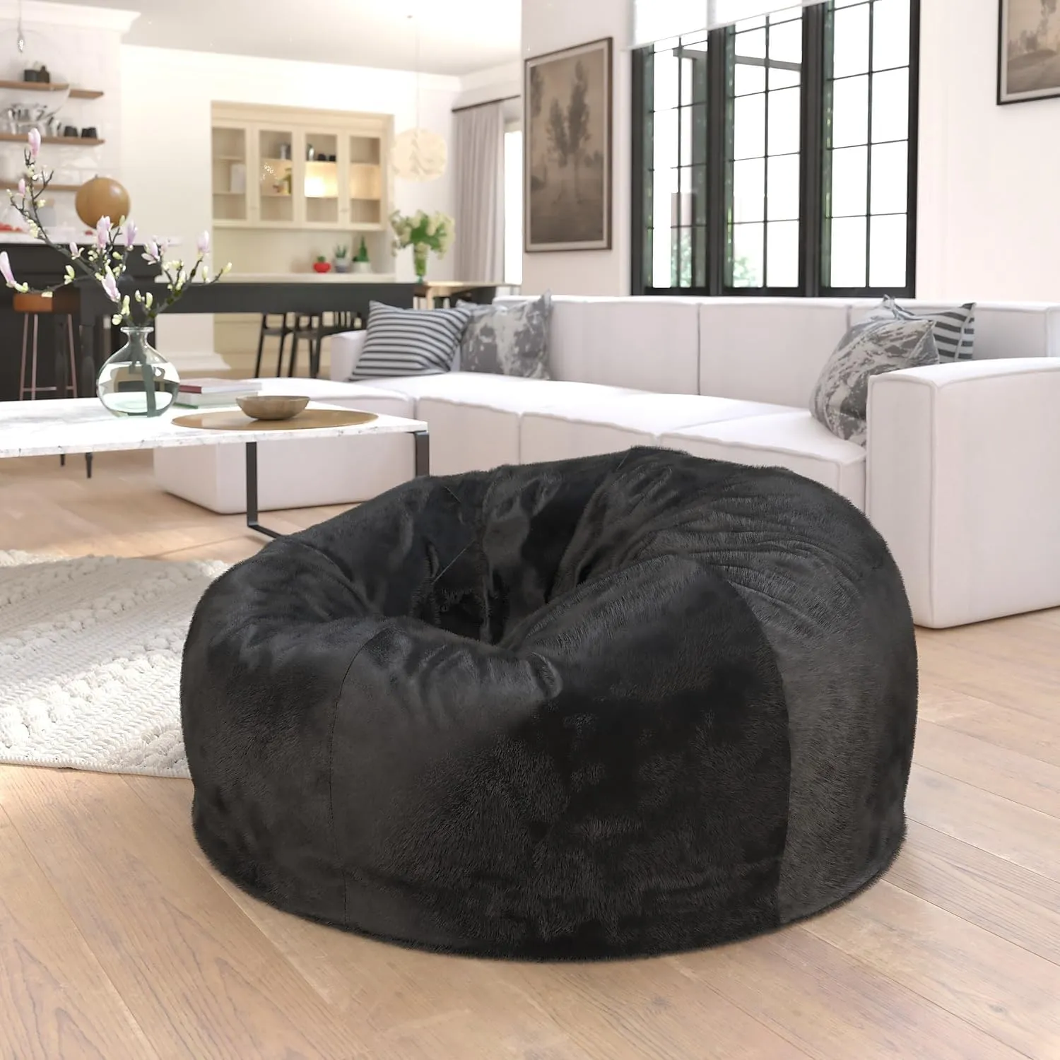 Flash Furniture Oversized Bean Bag Chair for Kids and Adults, Set of 1, Black Furry