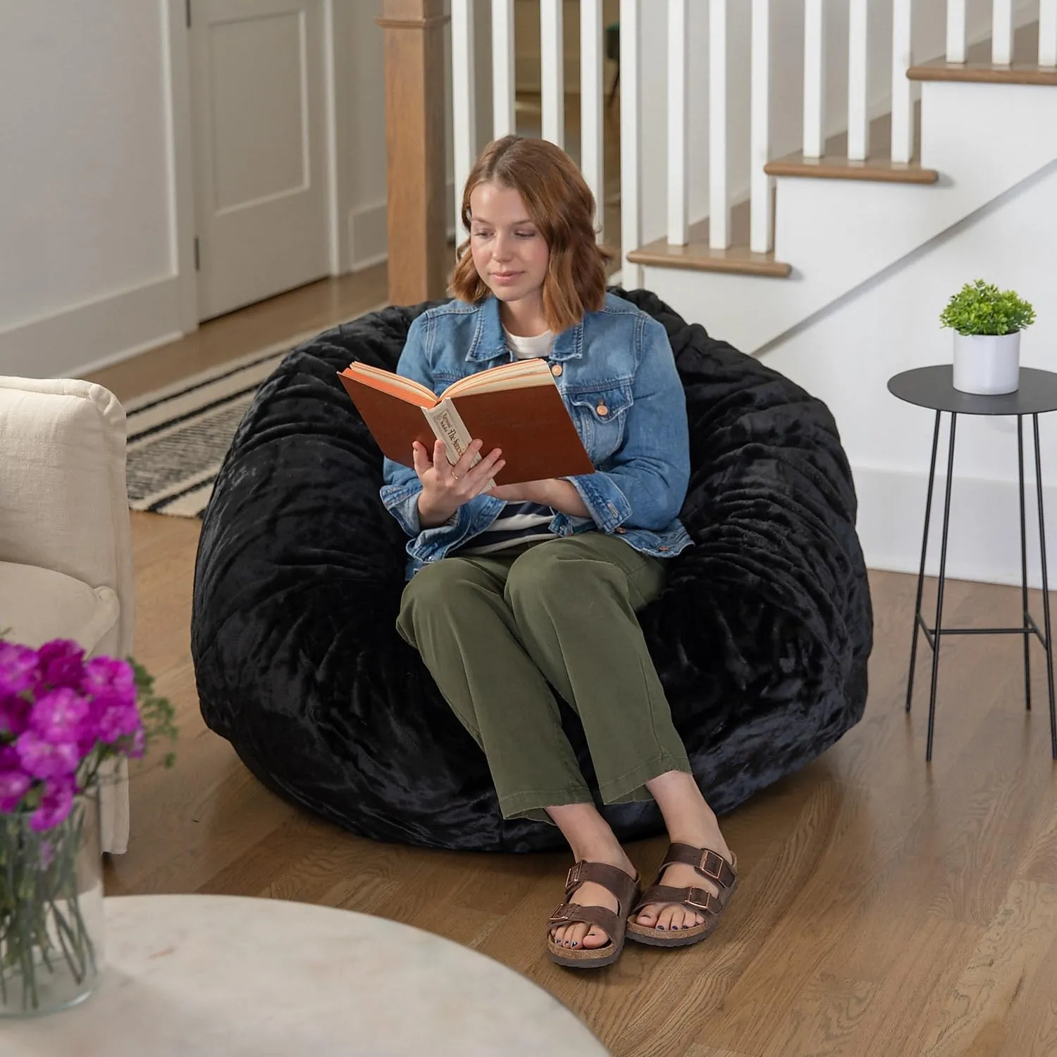 Flash Furniture Oversized Bean Bag Chair for Kids and Adults, Set of 1, Black Furry