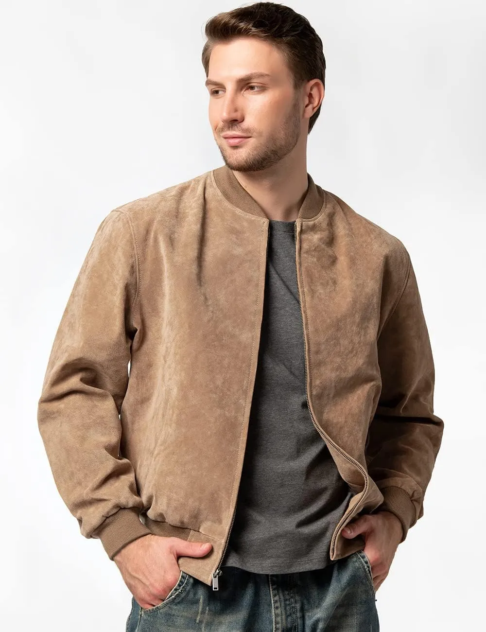 FLAVOR Men's Leather Baseball Jacket Vintage Suede Pigskin