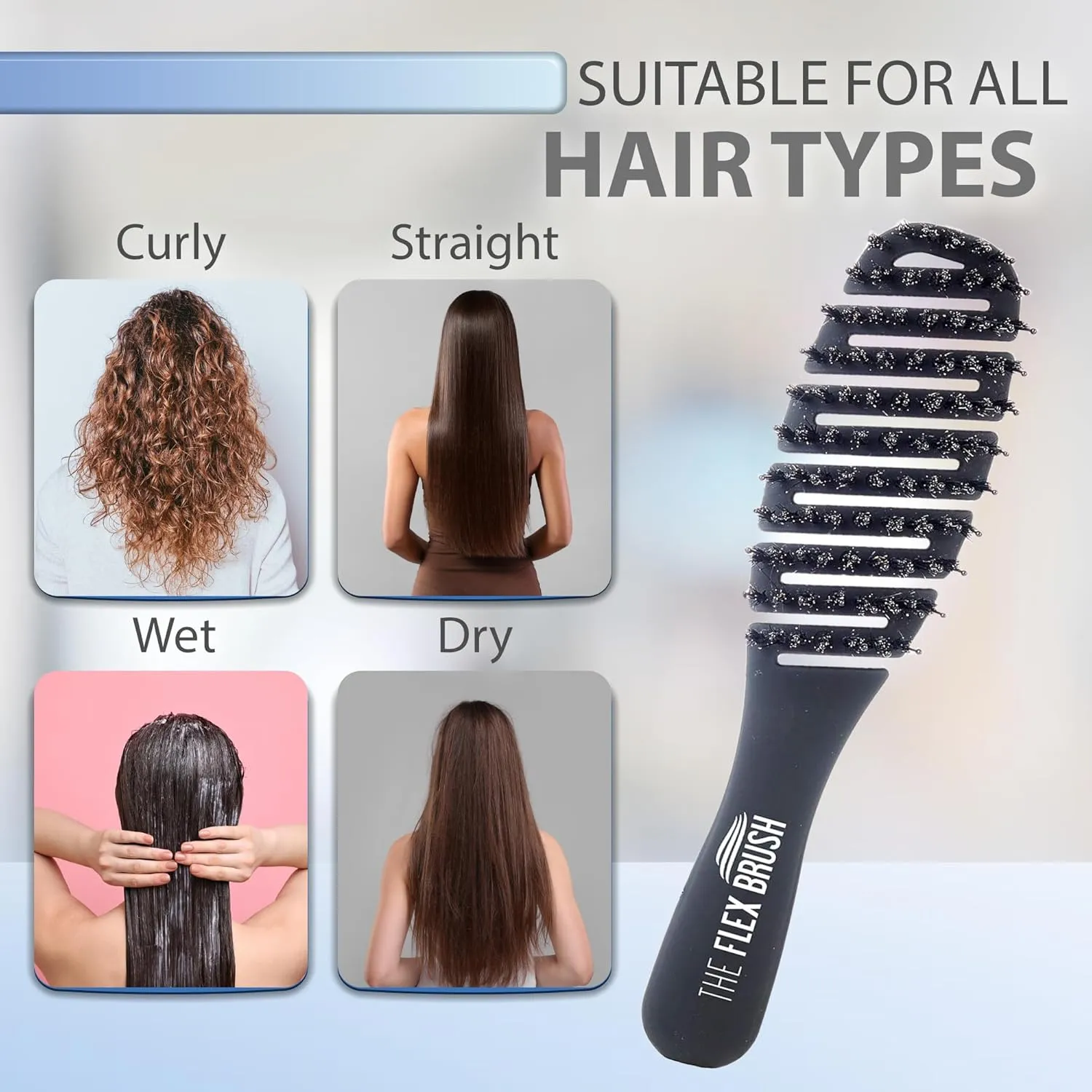 Flex Brush Vented Hair Brush for Blow Drying, Flexible Bristle for Women & Kids, Detangling, Massages Scalp for Hair Growth, Lightweight & Vented for Faster Drying, Boar Bristle & Nylon Mix (Black)
