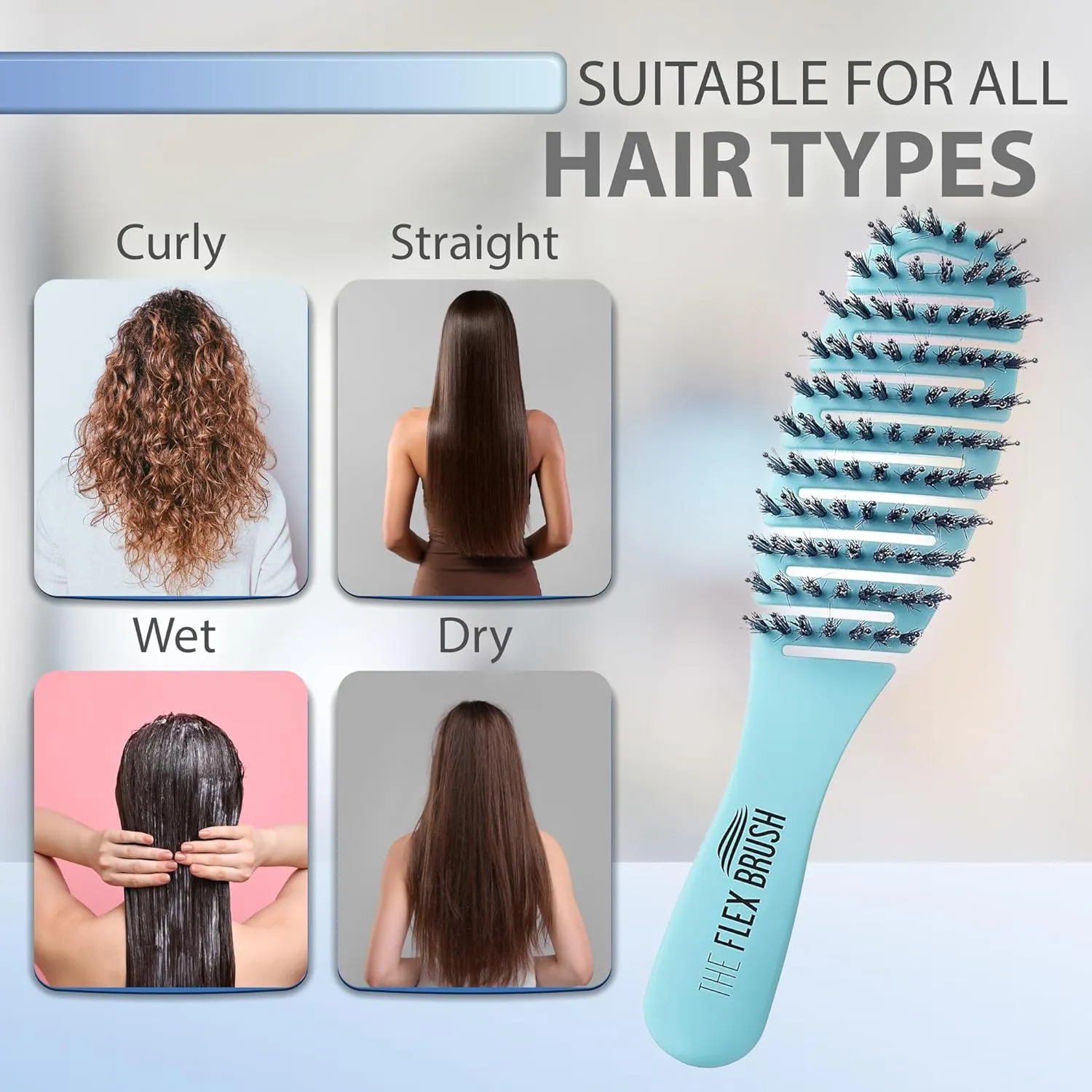 Flex Brush Vented Hair Brush for Blow Drying, Flexible Bristle for Women & Kids, Detangling, Massages Scalp for Hair Growth, Lightweight & Vented for Faster Drying, Boar Bristle & Nylon Mix (Blue)