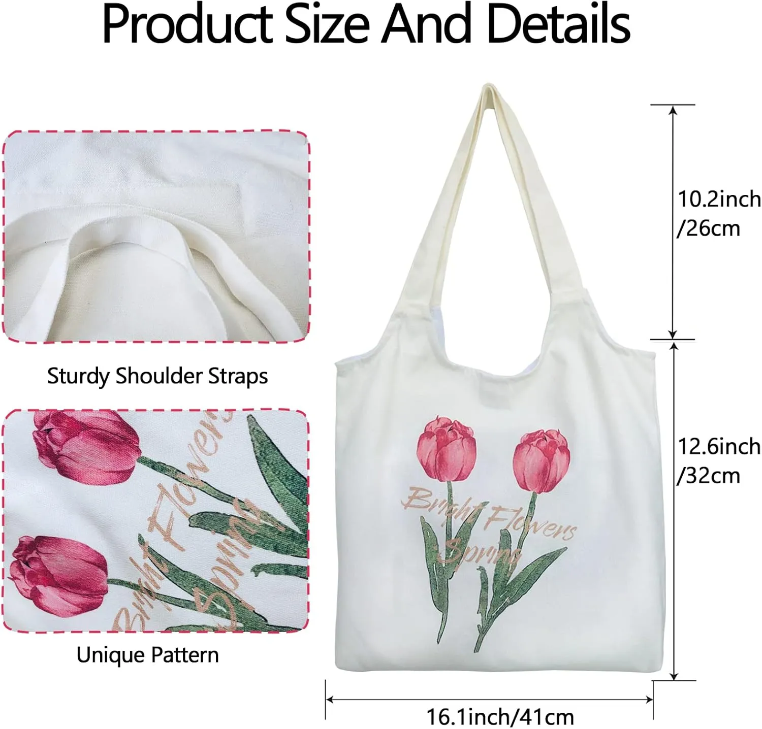 Floral Canvas Tote Bag Botanical Shopping Bag Aesthetic Flower Tote Bag Large Capacity Grocery Bag for Women