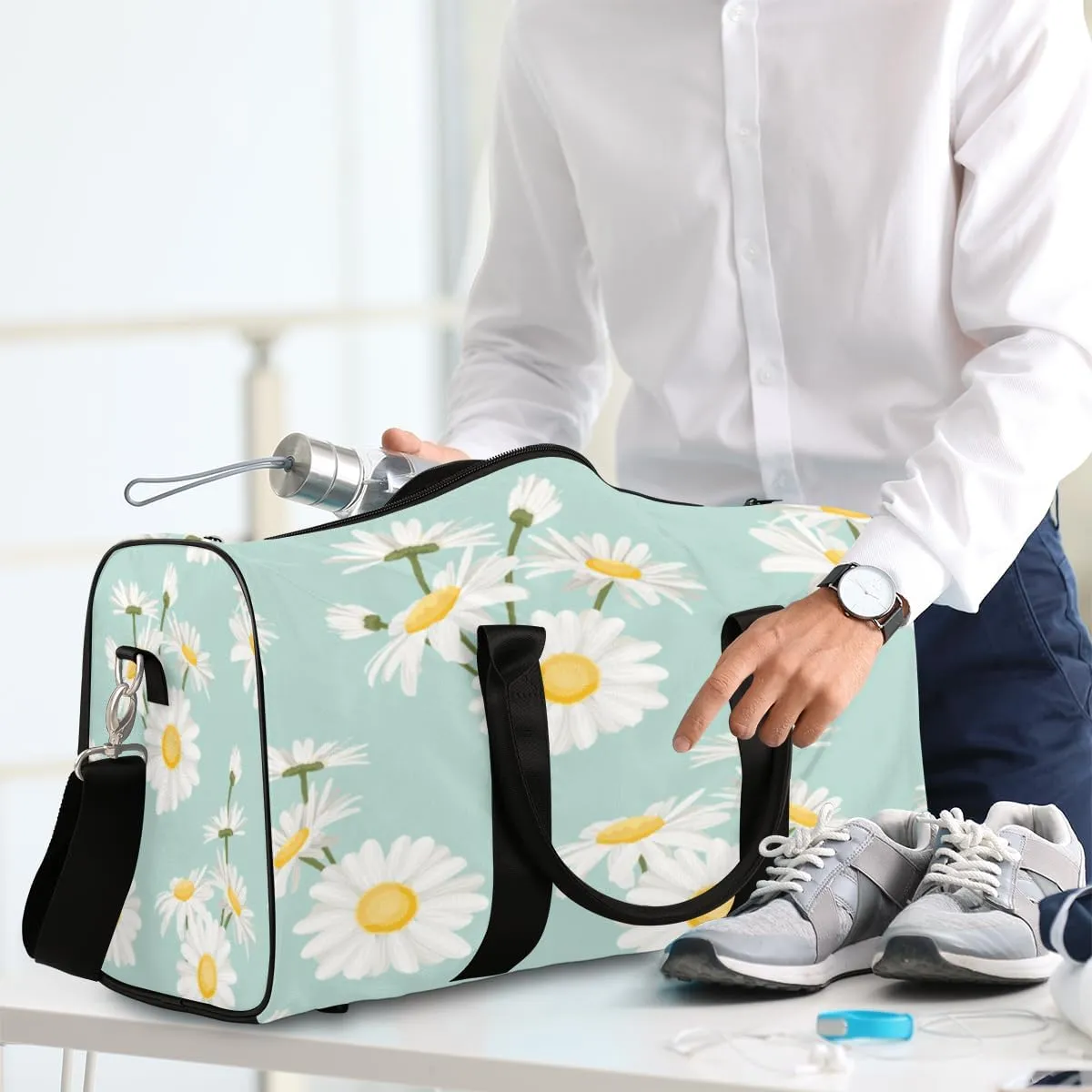 Floral Flower Travel Duffel Bag White Daisy Foldable Weekender Overnight Bag Waterproof Carry on Luggage Handle Bag Sports Tote Gym Bag Workout Bag for Women Men Traveling
