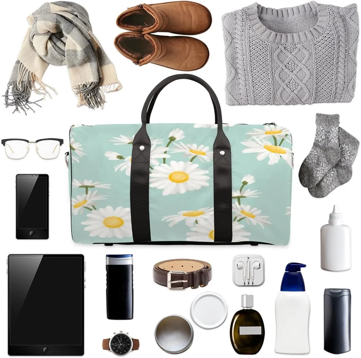 Floral Flower Travel Duffel Bag White Daisy Foldable Weekender Overnight Bag Waterproof Carry on Luggage Handle Bag Sports Tote Gym Bag Workout Bag for Women Men Traveling