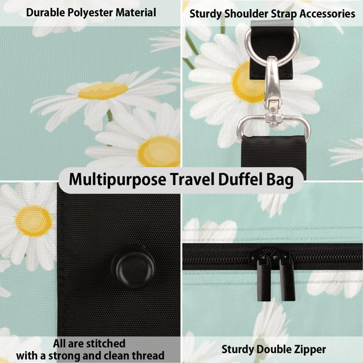 Floral Flower Travel Duffel Bag White Daisy Foldable Weekender Overnight Bag Waterproof Carry on Luggage Handle Bag Sports Tote Gym Bag Workout Bag for Women Men Traveling