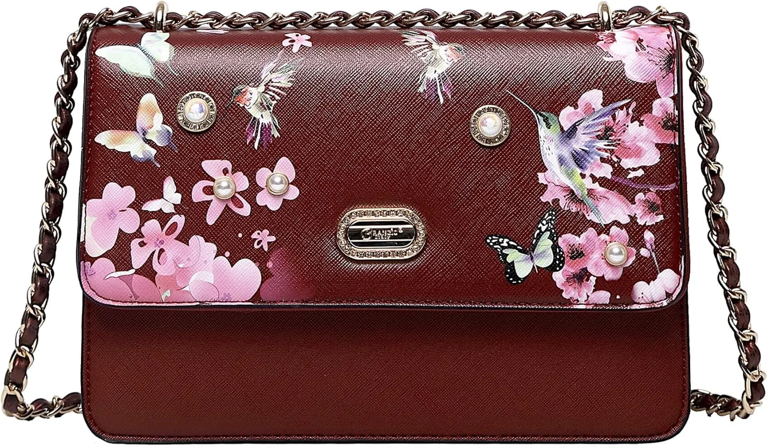 Floral Harmony Chain Shoulder Bag - Embellished with Pearls and Crystals, Leather Clutch with Pink Floral and Hummingbird