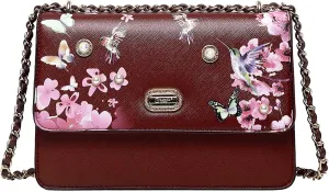 Floral Harmony Chain Shoulder Bag - Embellished with Pearls and Crystals, Leather Clutch with Pink Floral and Hummingbird