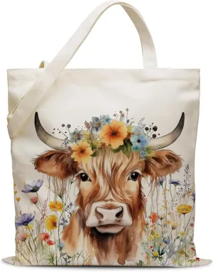 Flower Canvas Tote Bag Gifts for Women Moms Wife Daughters Friends,Cute Summer Bags Gifts for Work Beach Shopping,Floral Tote Bag Gift for Birthday Mothers Day (flower cow)