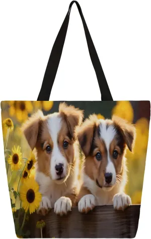 Flower Cute Dogs Large Capacity Canvas Tote Bag Stylish Handheld Shoulder Bag Reusable Shopping Bag for Work Travel Beach Trips Shopping