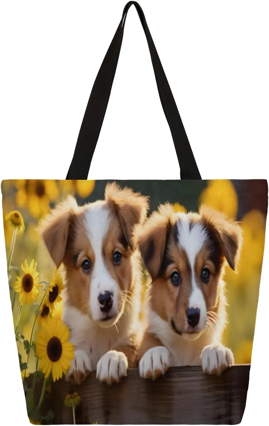 Flower Cute Dogs Large Capacity Canvas Tote Bag Stylish Handheld Shoulder Bag Reusable Shopping Bag for Work Travel Beach Trips Shopping