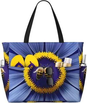 Flower heart bee Print 28L Beach Tote Bag, Water-resistant Travel Tote, Lightweight Gym & Camping Carryall