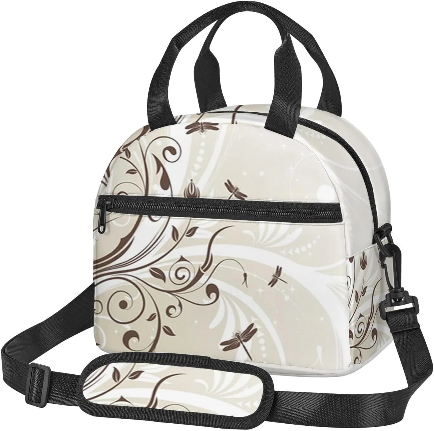 Flower Leaves,Insulated Reusable Lunch Bag with Adjustable Shoulder Strap for Adults,Flower Petals Swirled Branches,Leakproof Office Picnic Hiking Beach Tote Bag,Brown,9x5x7.8in