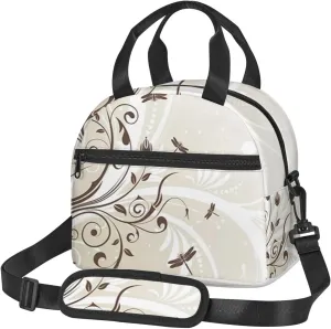 Flower Leaves,Insulated Reusable Lunch Bag with Adjustable Shoulder Strap for Adults,Flower Petals Swirled Branches,Leakproof Office Picnic Hiking Beach Tote Bag,Brown,9x5x7.8in