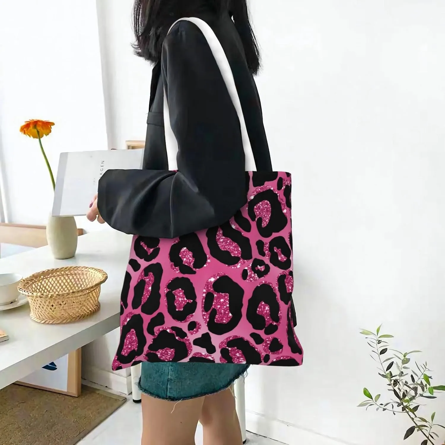 Flower Leopard Print Tote Bag Reusable Shoulder Tote Bag For Women Lady Vacation, Shopping, Work