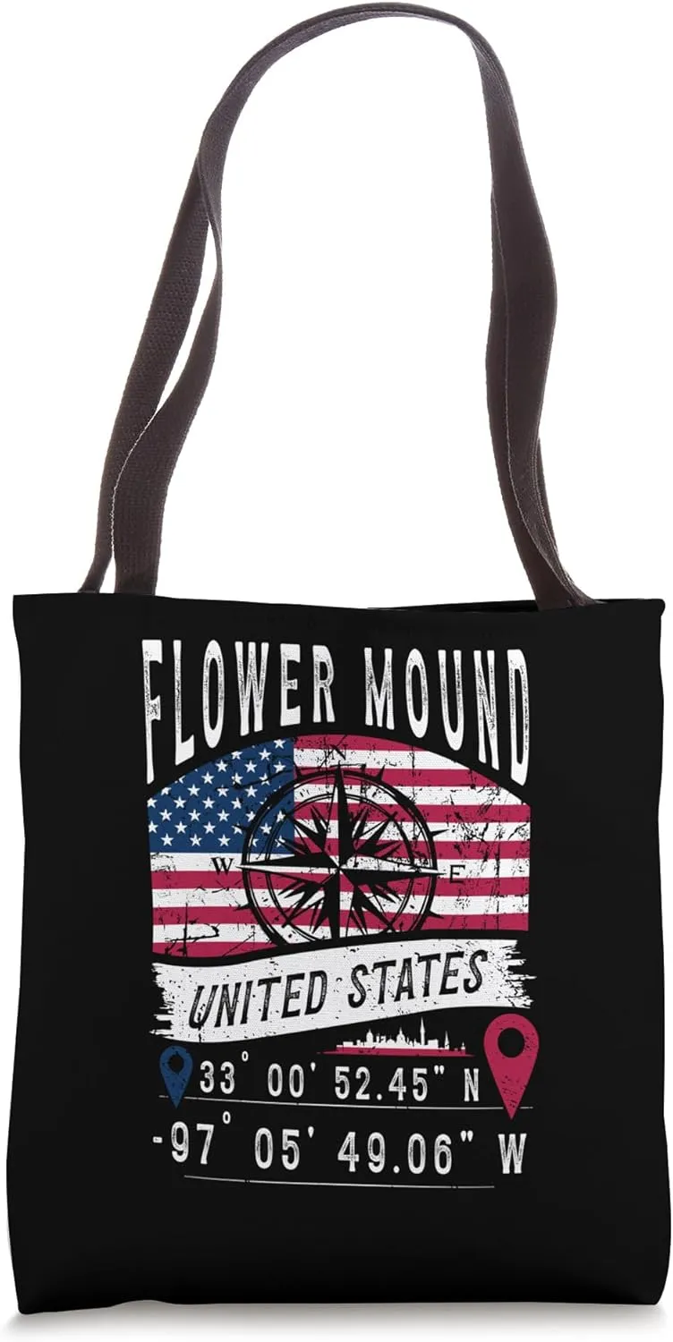 Flower Mound United States Flag GPS Coordinates Flower Mound Tote Bag