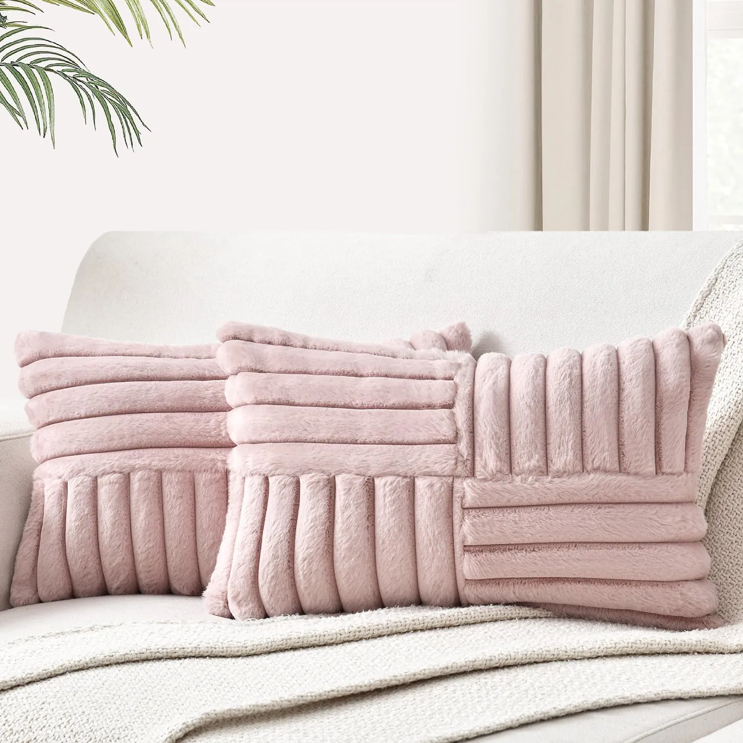 Foindtower Pack of 2, Faux Fur Plush Decorative Throw Pillow Covers Soft Fluffy Lumbar Cushion Case Cozy Fuzzy Striped Pillowcase Home Decor for Sofa Couch Living Room Bedroom 12x20 Inch, Dusty Pink
