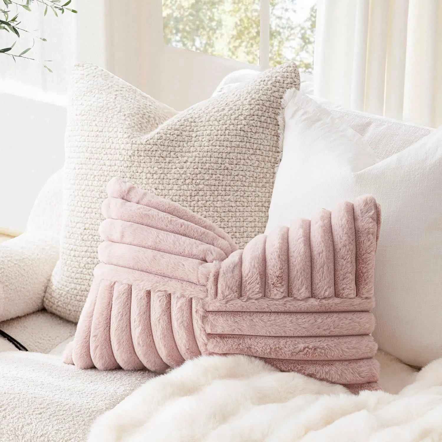 Foindtower Pack of 2, Faux Fur Plush Decorative Throw Pillow Covers Soft Fluffy Lumbar Cushion Case Cozy Fuzzy Striped Pillowcase Home Decor for Sofa Couch Living Room Bedroom 12x20 Inch, Dusty Pink