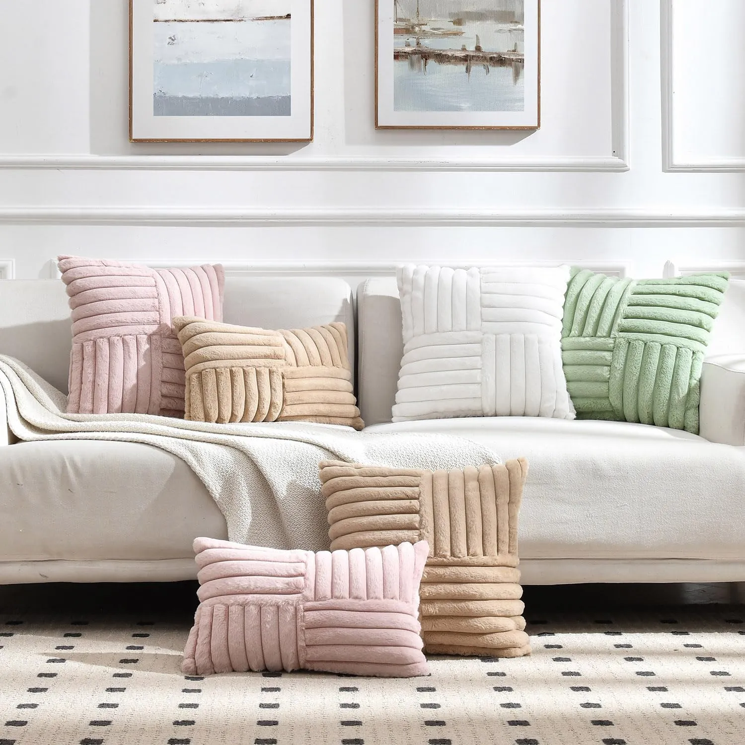Foindtower Pack of 2, Faux Fur Plush Decorative Throw Pillow Covers Soft Fluffy Lumbar Cushion Case Cozy Fuzzy Striped Pillowcase Home Decor for Sofa Couch Living Room Bedroom 12x20 Inch, Dusty Pink