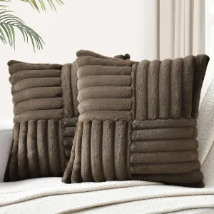 Foindtower Pack of 2, Faux Fur Plush Decorative Throw Pillow Covers Soft Fluffy Velvet Cushion Case Cozy Fuzzy Striped Pillowcase Home Decor for Sofa Couch Living Room Bedroom 18x18 Inch, Brown
