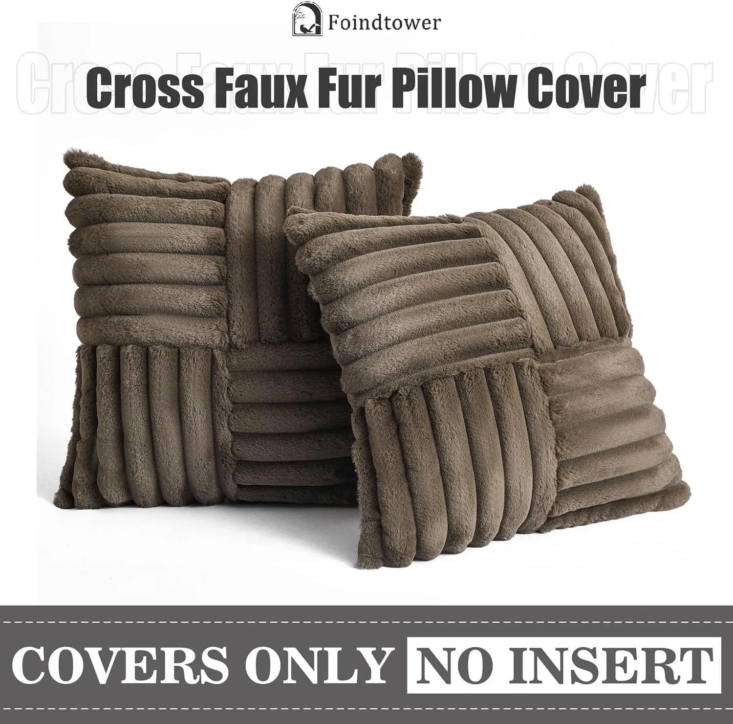 Foindtower Pack of 2, Faux Fur Plush Decorative Throw Pillow Covers Soft Fluffy Velvet Cushion Case Cozy Fuzzy Striped Pillowcase Home Decor for Sofa Couch Living Room Bedroom 18x18 Inch, Brown