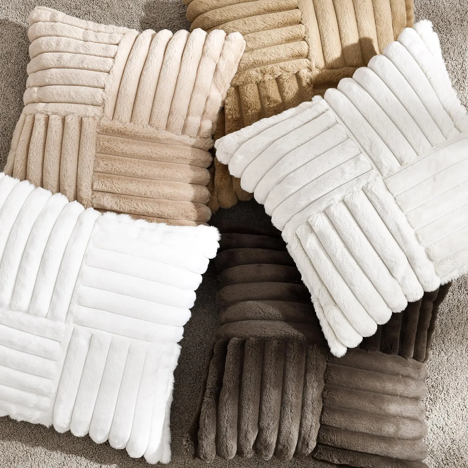 Foindtower Pack of 2, Faux Fur Plush Decorative Throw Pillow Covers Soft Fluffy Velvet Cushion Case Cozy Fuzzy Striped Pillowcase Home Decor for Sofa Couch Living Room Bedroom 18x18 Inch, Brown