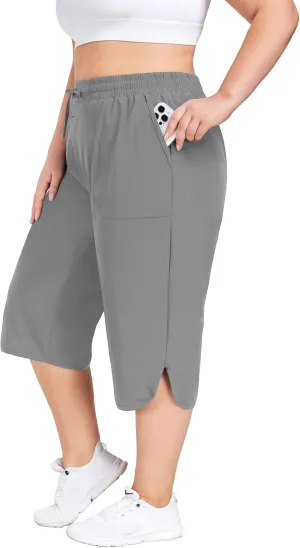 FOREYOND Womens Plus Size Capris Pants Quick Dry Loose Casual Workout Pants with Pockets 1XL-5XL