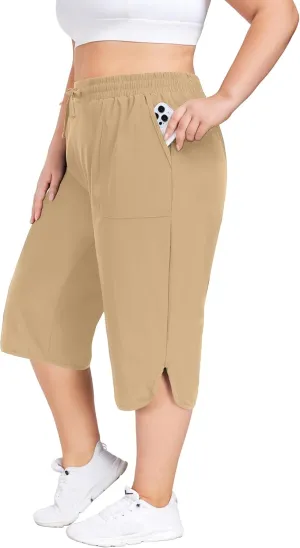 FOREYOND Womens Plus Size Capris Pants Quick Dry Loose Casual Workout Pants with Pockets 1XL-5XL