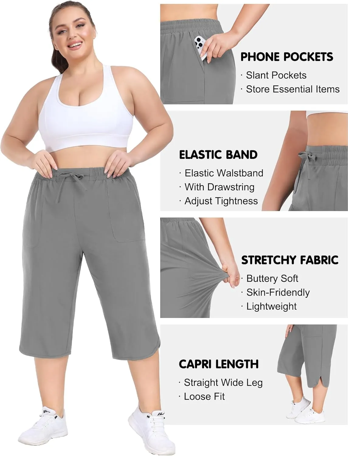 FOREYOND Womens Plus Size Capris Pants Quick Dry Loose Casual Workout Pants with Pockets 1XL-5XL