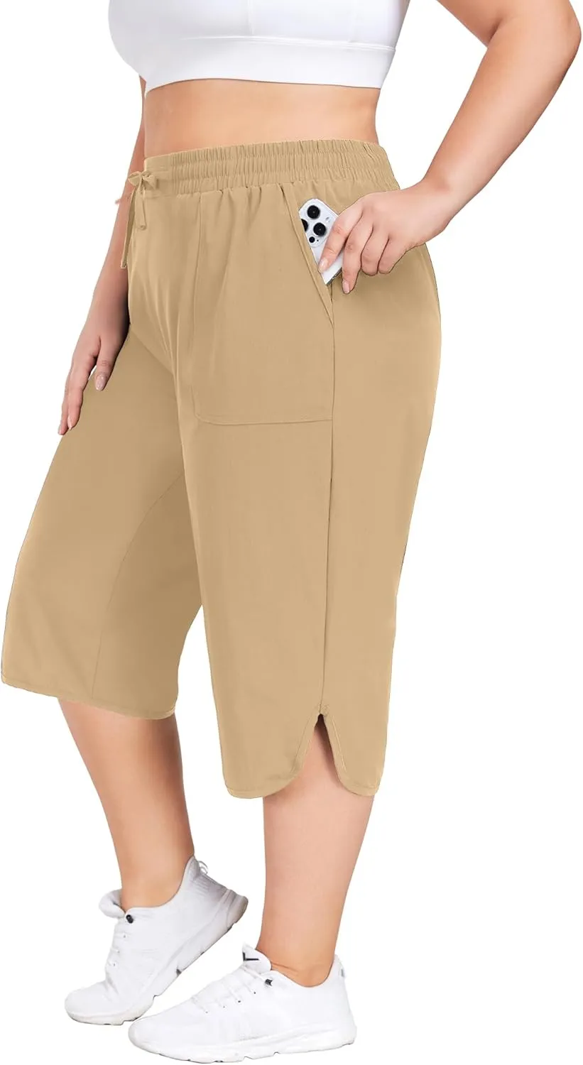 FOREYOND Womens Plus Size Capris Pants Quick Dry Loose Casual Workout Pants with Pockets 1XL-5XL
