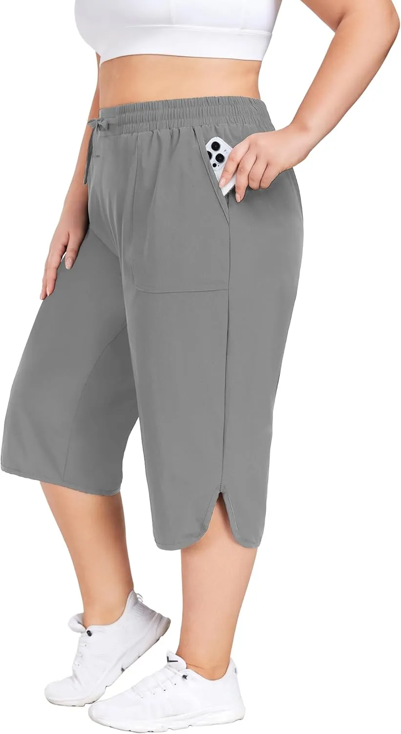 FOREYOND Womens Plus Size Capris Pants Quick Dry Loose Casual Workout Pants with Pockets 1XL-5XL