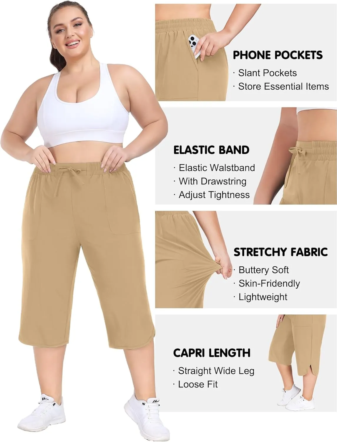 FOREYOND Womens Plus Size Capris Pants Quick Dry Loose Casual Workout Pants with Pockets 1XL-5XL