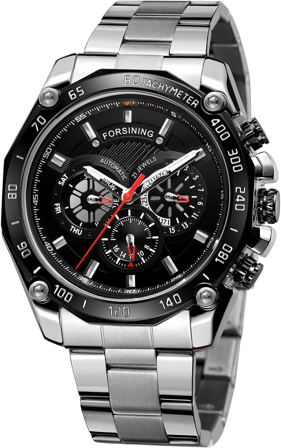 FORSINING Men Automatic Stainless Steel Chronograph Analogue Dial Fashion Sel Winding Wrist Watch