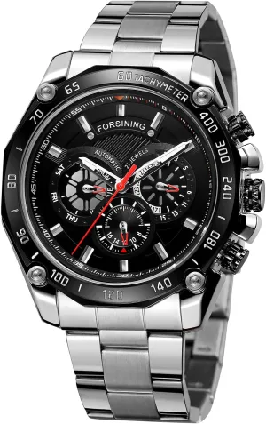 FORSINING Men Automatic Stainless Steel Chronograph Analogue Dial Fashion Sel Winding Wrist Watch