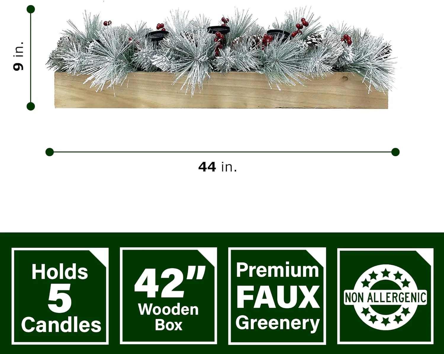 Fraser Hill Farm Snowy Pine Christmas Tabletop Pillar Candle Holder, 42 Inch Length | Decorated with Pinecones and Red Berries | Holds 5 Pillar Candles | Perfect Holiday Decoration | FF042CHTT011-0SN