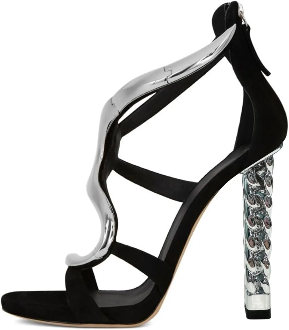 FSJ Women Flower Gold Metal Chain Chunky High Heels Ankle Strap Sandals Open Toe Fashion Summer Dressy Shoes Size 4-15 US