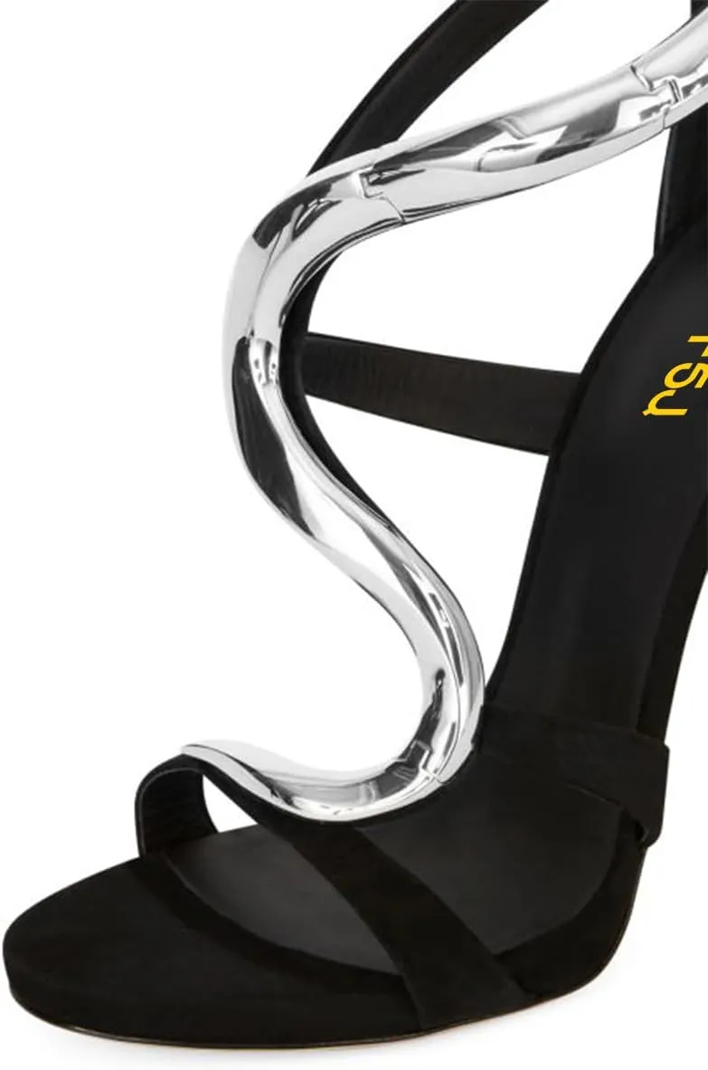 FSJ Women Flower Gold Metal Chain Chunky High Heels Ankle Strap Sandals Open Toe Fashion Summer Dressy Shoes Size 4-15 US