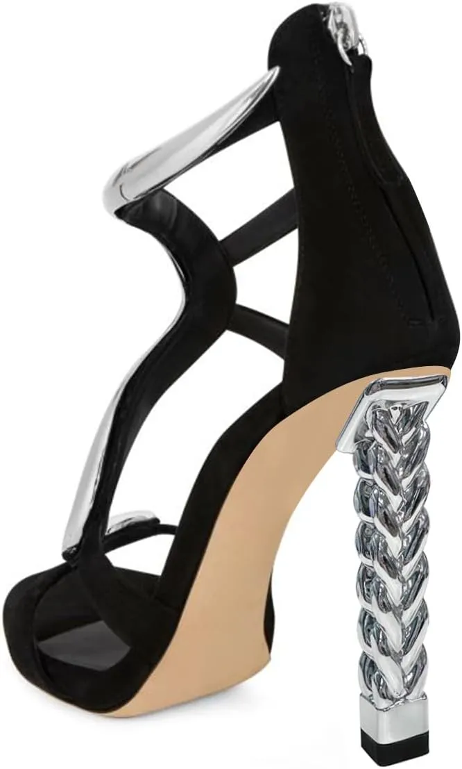 FSJ Women Flower Gold Metal Chain Chunky High Heels Ankle Strap Sandals Open Toe Fashion Summer Dressy Shoes Size 4-15 US
