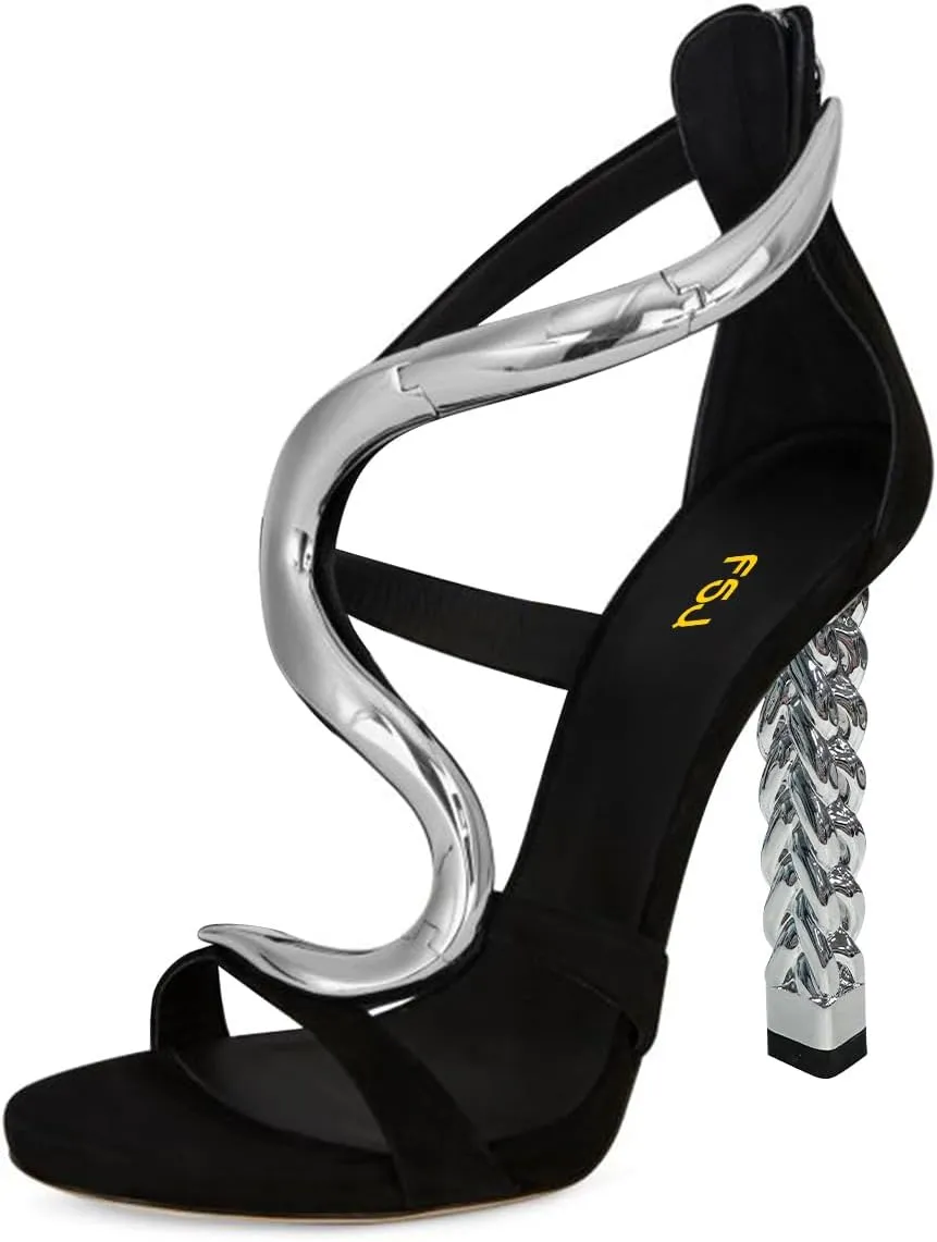 FSJ Women Flower Gold Metal Chain Chunky High Heels Ankle Strap Sandals Open Toe Fashion Summer Dressy Shoes Size 4-15 US