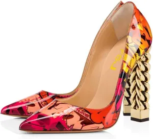 FSJ Women Gold Metal Chain Chunky High Heel Pointed Toe Slip On Fashion Party Prom Pumps Prom Shoes Size 4-15 US