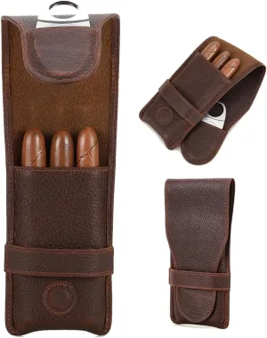 Full Grain Leather Small Cigar Case Travel 3 Slot Cigars Humidor Pouch Portable Cigar Accessories Organizer with Cigar Cutter Slot