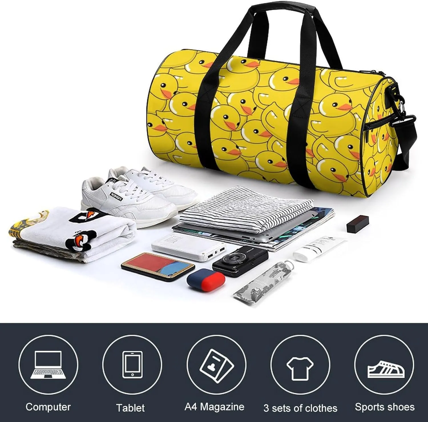 Funny Rubber Duck Art Large Capacity Cylindrical Fitness Bag, Hand-held Fitness Bag