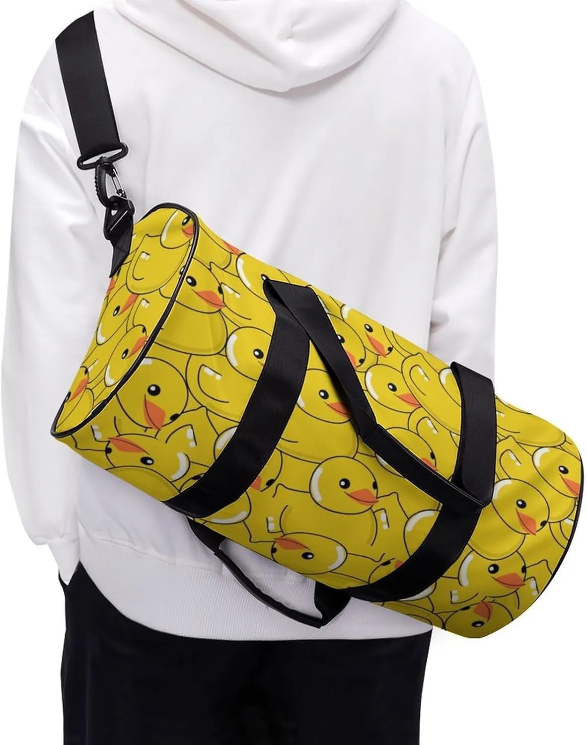 Funny Rubber Duck Art Large Capacity Cylindrical Fitness Bag, Hand-held Fitness Bag