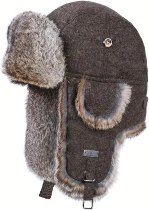 Fur Winter Trapper Hat,100% Rabbit Fur Aviator Ski Trapper Trooper Pilot Hat,Snow Eskimo Hat with Ear Flaps for Men & Women