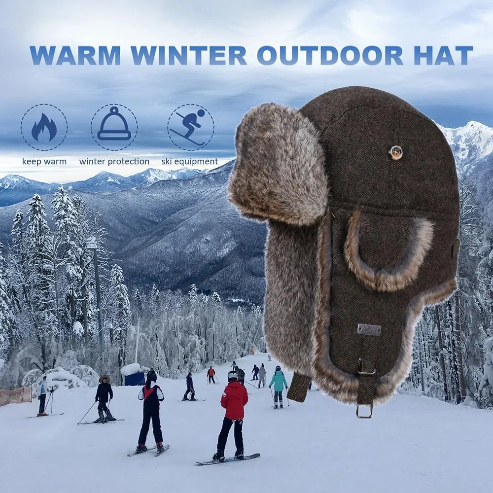 Fur Winter Trapper Hat,100% Rabbit Fur Aviator Ski Trapper Trooper Pilot Hat,Snow Eskimo Hat with Ear Flaps for Men & Women