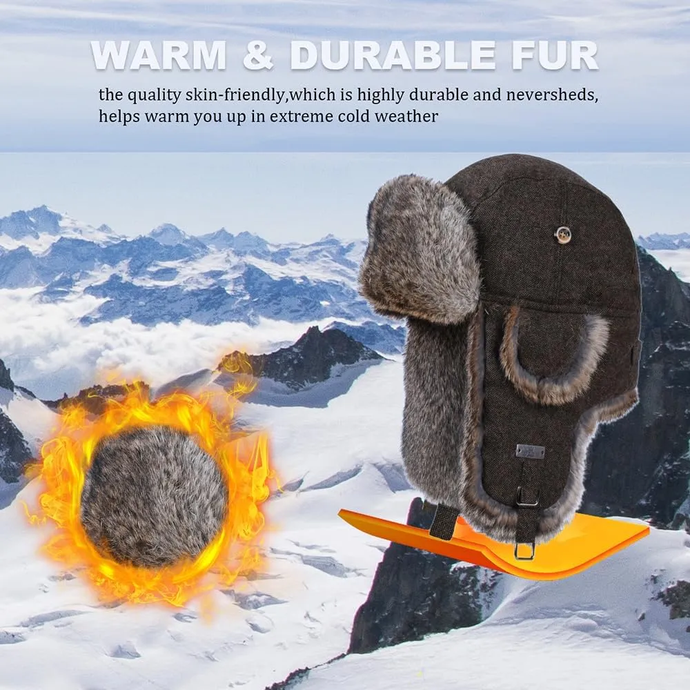 Fur Winter Trapper Hat,100% Rabbit Fur Aviator Ski Trapper Trooper Pilot Hat,Snow Eskimo Hat with Ear Flaps for Men & Women