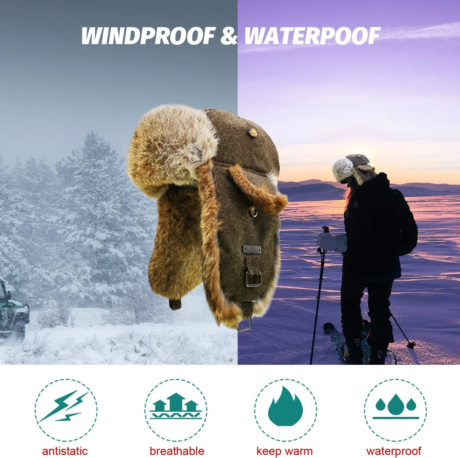 Fur Winter Trapper Hat,100% Rabbit Fur Aviator Ski Trapper Trooper Pilot Hat,Snow Eskimo Hat with Ear Flaps for Men & Women
