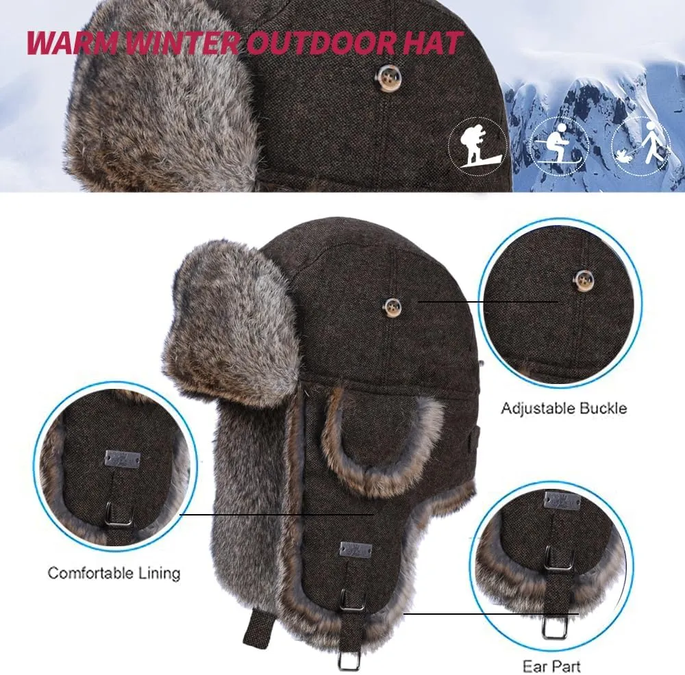 Fur Winter Trapper Hat,100% Rabbit Fur Aviator Ski Trapper Trooper Pilot Hat,Snow Eskimo Hat with Ear Flaps for Men & Women